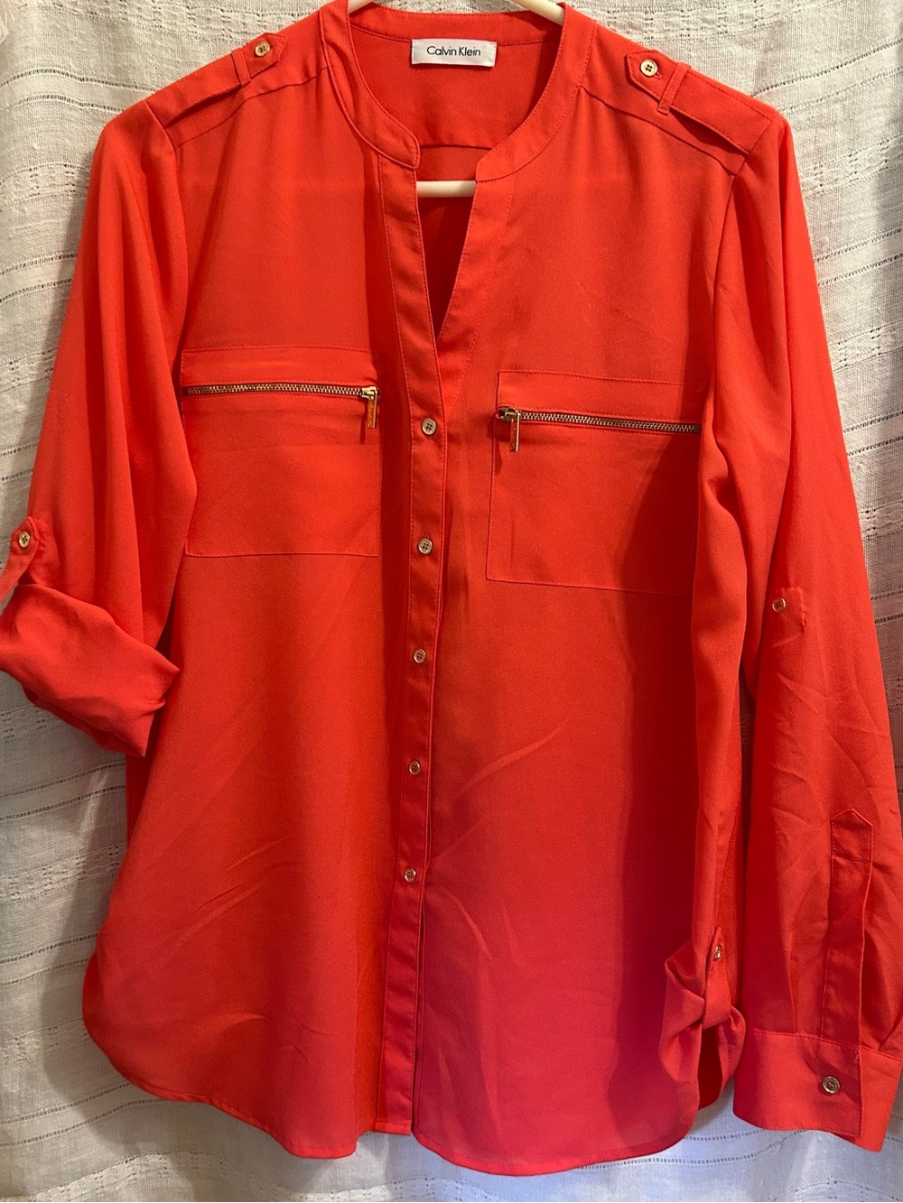 Calvin Klein Coral-Red Button-Front Utility Blouse